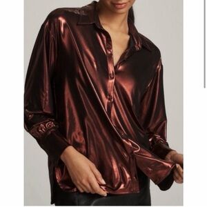 Anthropologie Metallic Shine Button Down Shirt Burgundy Blouse Shimmering Top M